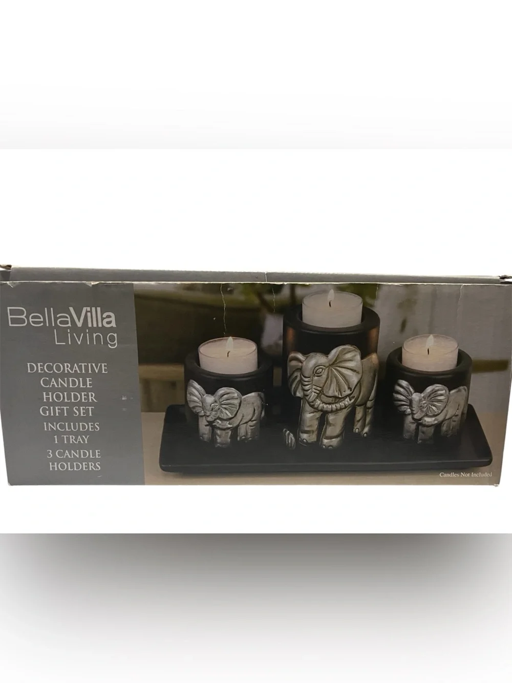 Black and Silver Elephant Candle Holder Set